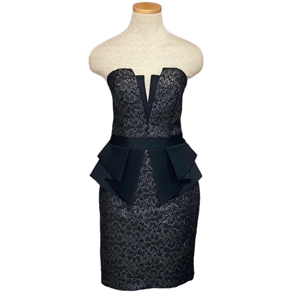 LIPSY London Dress NWT Cocktail Party Strapless Peplum Black Silver Lace Size 8